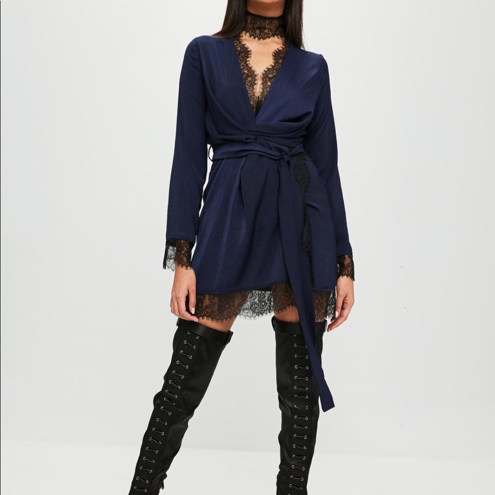 carli bybel xmissguided navy satin lace wrap dress
